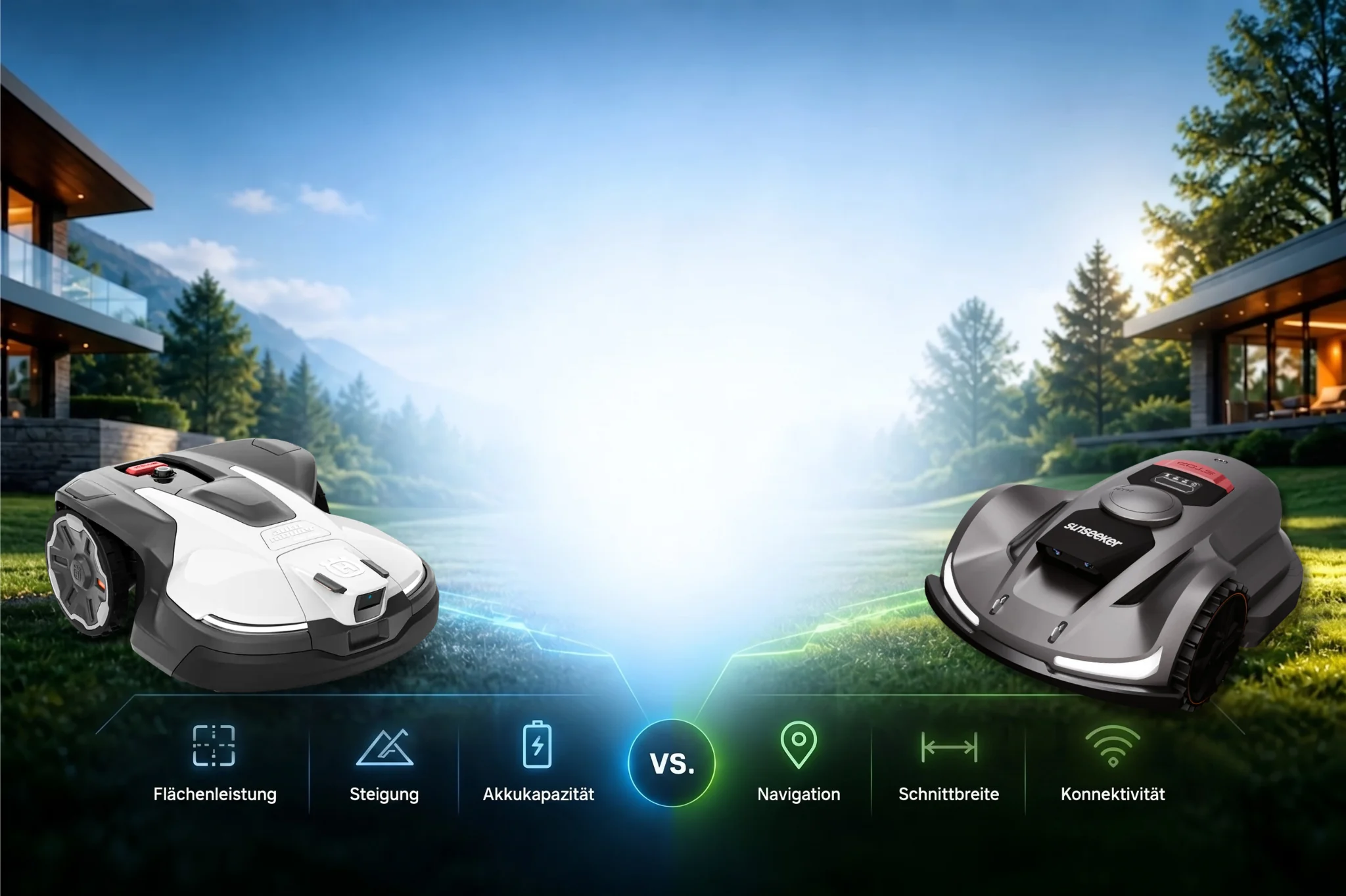 Husqvarna Automower 430V NERA und Sunseeker Elite X7 Plus Gen 2 im Vergleich vor Garten-Kulisse